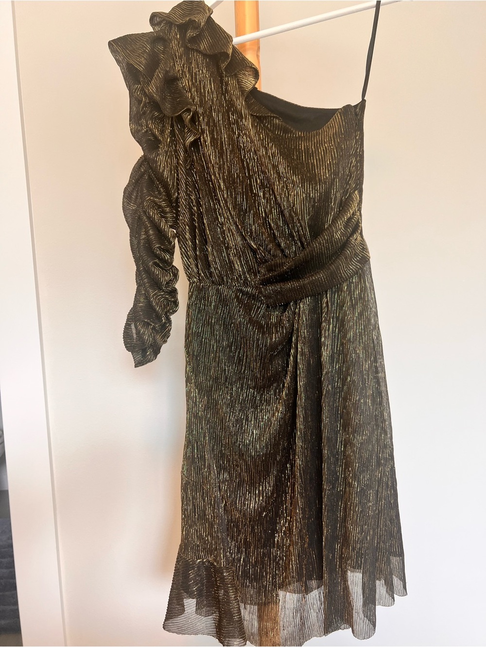 Ipekyol Women’s One-Shoulder Metallic Gold Ruffle Dress Size 6